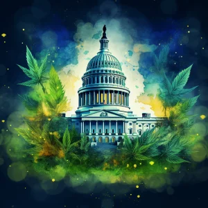 A U.S. flag blended with a cannabis leaf symbolizing federal marijuana legalization.